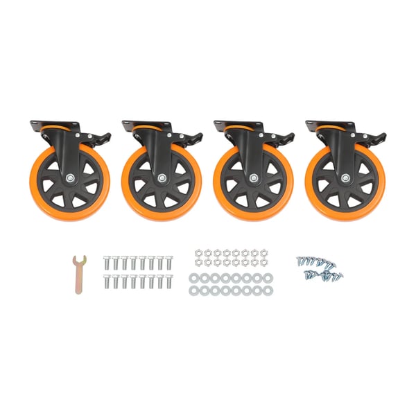 Tunga länkhjul - Med broms - 15,2 cm PU-hjul - Maxbelastning 100 kg - 4-pack - Elektroforetisk ytbehandling - Orange Tunga länkhjul - Med broms - 15,2 cm PU-hjul - Maxbelastning 100 kg - 4-pack - Elektroforetisk ytbehandling - Orange