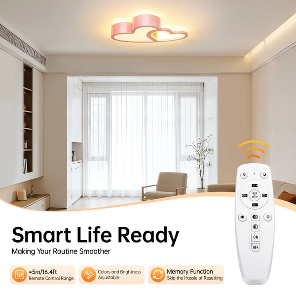 LED Loftlampe - Hjerteformet Loftplafond - Dæmpbar med fjernbetjening - 3 farvetemperaturer - 35 W - 110/220 V - Til børneværelse - Lyserød
