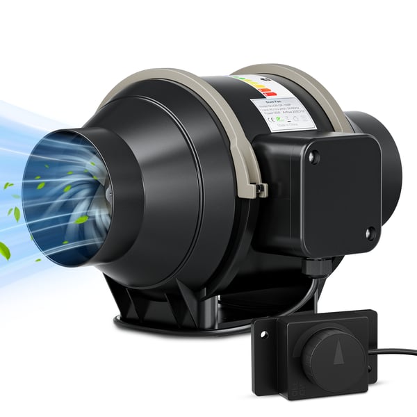 Inline kanalfläkt - Diameter 15 cm - Luftflöde 600 m³/h - Varvtalsregulator - EC-motor - För badrum och odlingstält - Svart