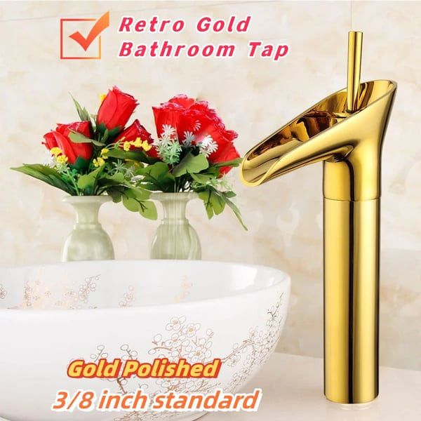 Badarmatur - Håndvaskblander - Etgrebs - Varm/Kold - Bordmontering - G3/8-tilslutning - Slange 50 cm - Tudhøjde 20 cm - Guld