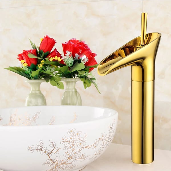 Badarmatur - Håndvaskblander - Etgrebs - Varm/Kold - Bordmontering - G3/8-tilslutning - Slange 50 cm - Tudhøjde 20 cm - Guld