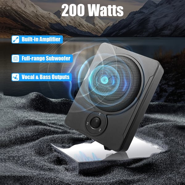 Under-sæde subwoofer - Aktiv bilsubwoofer - 20 cm - Indbygget forstærker - Lav profil - 30–100 Hz - 4 Ω - 91 dB - Sort