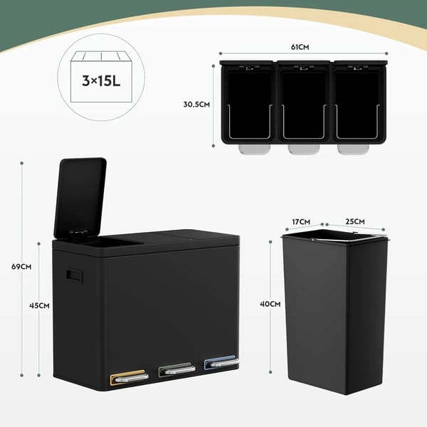 Affaldssorteringsspand - 3-delt pedalspand - Til køkken - Metal - Rektangulær - Plastinderspande - Hængslet låg lugttæt - Sort