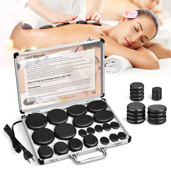 Massagesæt - Hot stone - 12 stk keramiske sten - Med varmeboks (DC) - Runde sten - Til ryg/spa - Rosarød
