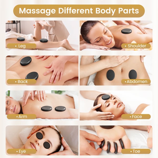 Massagesæt - Hot stone - 12 stk keramiske sten - Med varmeboks (DC) - Runde sten - Til ryg/spa - Rosarød