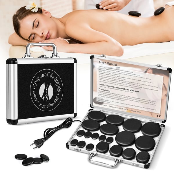 Massagesæt - Hot stone - 12 stk keramiske sten - Med varmeboks (DC) - Runde sten - Til ryg/spa - Rosarød