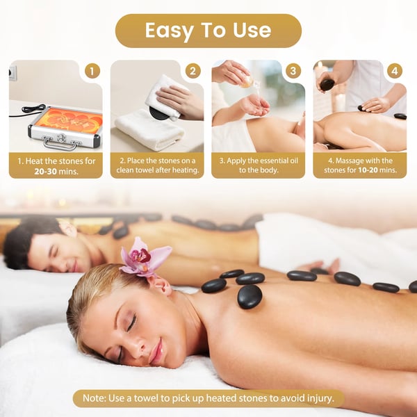 Massagesæt - Hot stone - 12 stk keramiske sten - Med varmeboks (DC) - Runde sten - Til ryg/spa - Rosarød