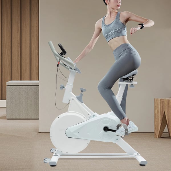 Motionscykel - Spinningcykel - LCD-display med pulsmåler - Justerbar modstand - Komfortabel sadel - Til hjemmetræning - Hvid