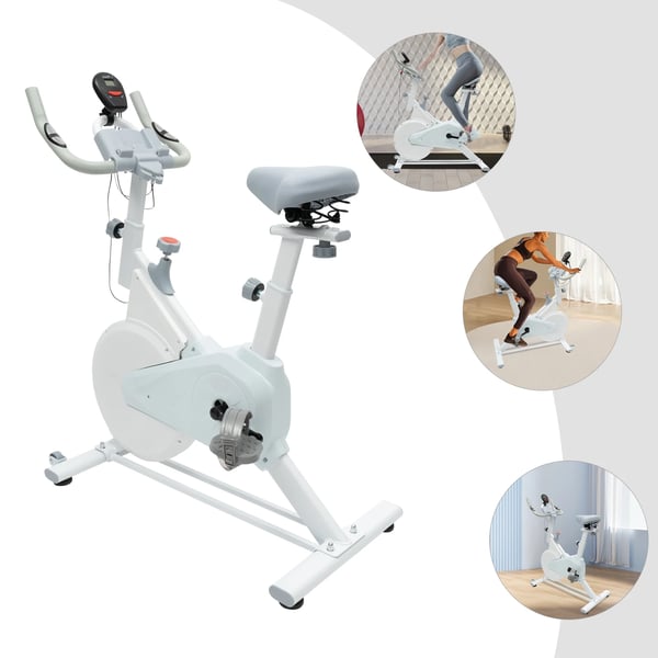 Motionscykel - Spinningcykel - LCD-display med pulsmåler - Justerbar modstand - Komfortabel sadel - Til hjemmetræning - Hvid