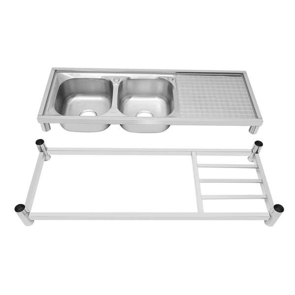 Kommerciel køkkenvask - Fritstående dobbeltkumme med stativ - Armatur varm/kold inkl. - 2 huller - Rustfrit stål - Sølv