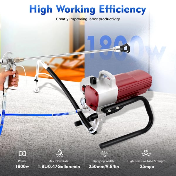 Airless malesprøjte - Sprøjtepistol - Effekt 1800 W - Elektrisk - Justerbart tryk - Maks. flow 1,8 l/min - Spænding 220 V 50 Hz - Rustfrit stål