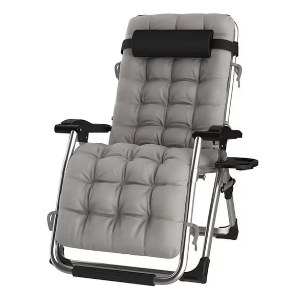 Camping solstol - Recliner liggstol - Portabel - Med dyna - Kopphållare och bricka - Justerbar kudde - Metallram - Beige
