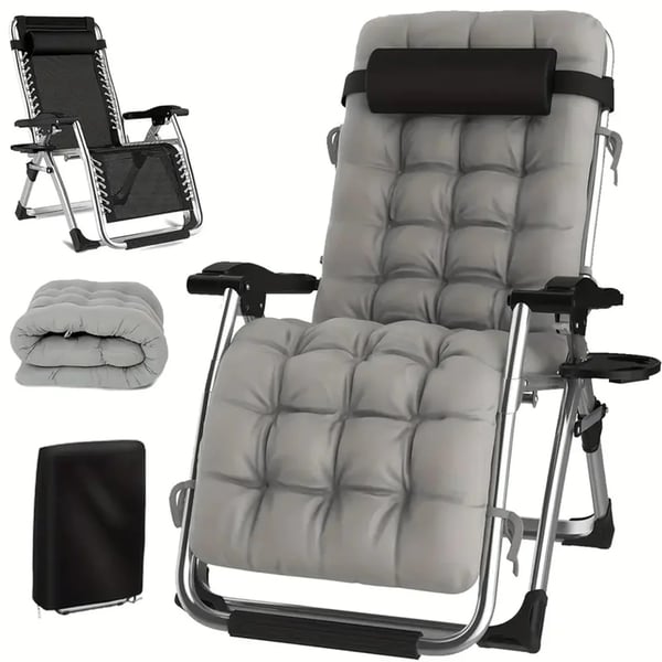 Camping solstol - Recliner liggstol - Portabel - Med dyna - Kopphållare och bricka - Justerbar kudde - Metallram - Beige
