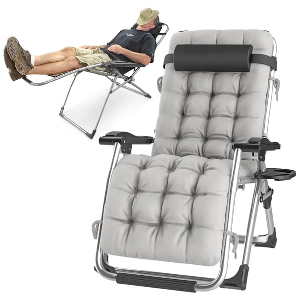 Camping solstol - Recliner liggstol - Portabel - Med dyna - Kopphållare och bricka - Justerbar kudde - Metallram - Beige