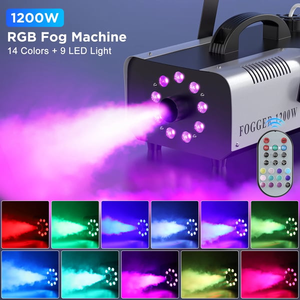 Røgmaskine - 1200 W - 9 RGB LED - Trådløs fjernbetjening - Forvarmning 3–5 min - Beholder 1,5 L - 110–240 V - Armygrøn