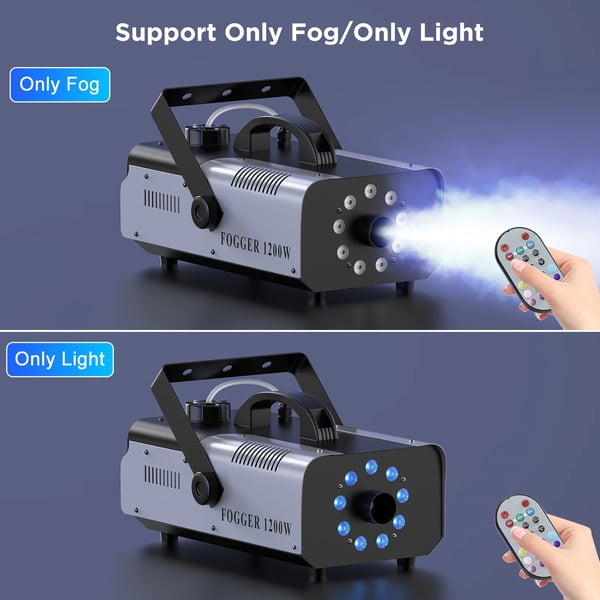 Røgmaskine - 1200 W - 9 RGB LED - Trådløs fjernbetjening - Forvarmning 3–5 min - Beholder 1,5 L - 110–240 V - Armygrøn