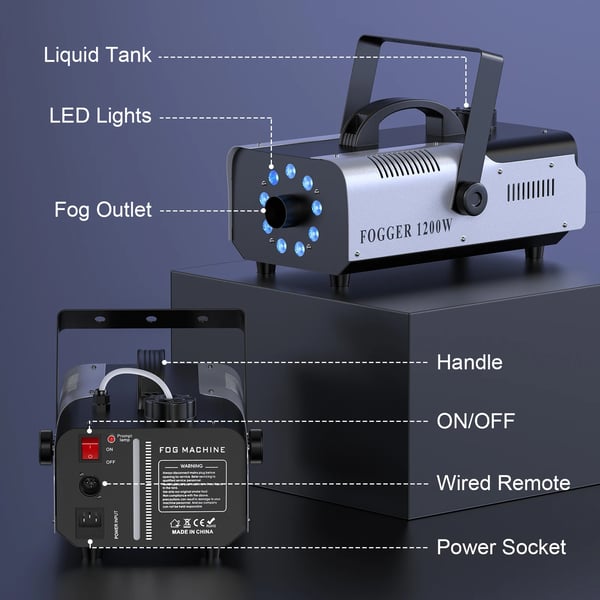 Røgmaskine - 1200 W - 9 RGB LED - Trådløs fjernbetjening - Forvarmning 3–5 min - Beholder 1,5 L - 110–240 V - Armygrøn