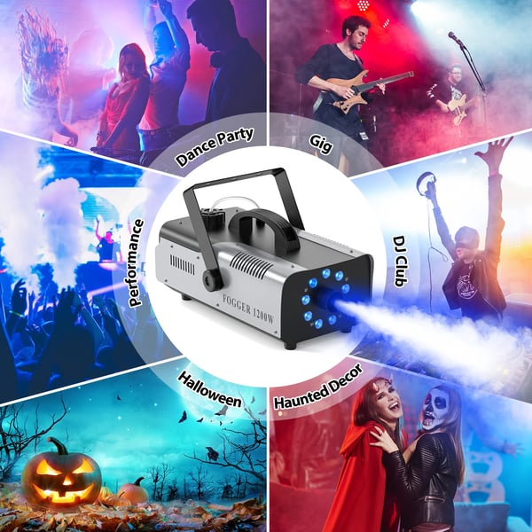 Røgmaskine - 1200 W - 9 RGB LED - Trådløs fjernbetjening - Forvarmning 3–5 min - Beholder 1,5 L - 110–240 V - Armygrøn