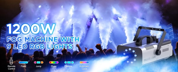 Røgmaskine - 1200 W - 9 RGB LED - Trådløs fjernbetjening - Forvarmning 3–5 min - Beholder 1,5 L - 110–240 V - Armygrøn