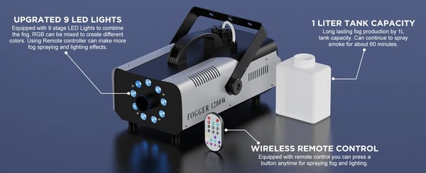 Røgmaskine - 1200 W - 9 RGB LED - Trådløs fjernbetjening - Forvarmning 3–5 min - Beholder 1,5 L - 110–240 V - Armygrøn