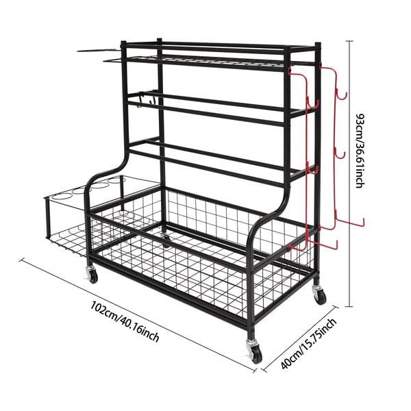 Sportsudstyr Opbevaringsstativ - Opbevaringsreol - Universelle hjul - Kroge - Stabelbar - Jern - Multianvendelig - 102 x 40 x 93 cm - Sort