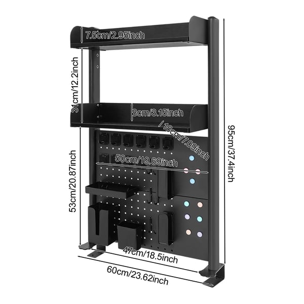 Klämmonterad skrivbordshylla - 2‑vånings hylla - Pegboard Bakpanel - Klämfäste 1–4,5 cm - MDF & Kolstål - 18 cm Hyllplan - Svart