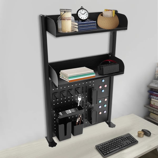 Klämmonterad skrivbordshylla - 2‑vånings hylla - Pegboard Bakpanel - Klämfäste 1–4,5 cm - MDF & Kolstål - 18 cm Hyllplan - Svart