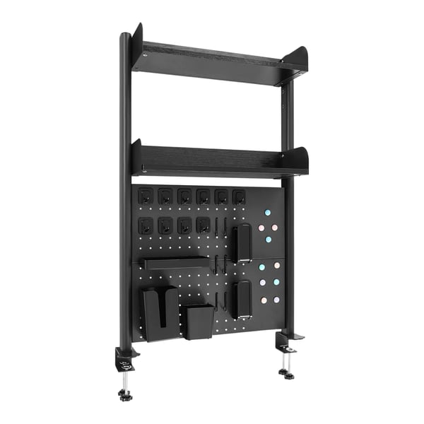 Klämmonterad skrivbordshylla - 2‑vånings hylla - Pegboard Bakpanel - Klämfäste 1–4,5 cm - MDF & Kolstål - 18 cm Hyllplan - Svart
