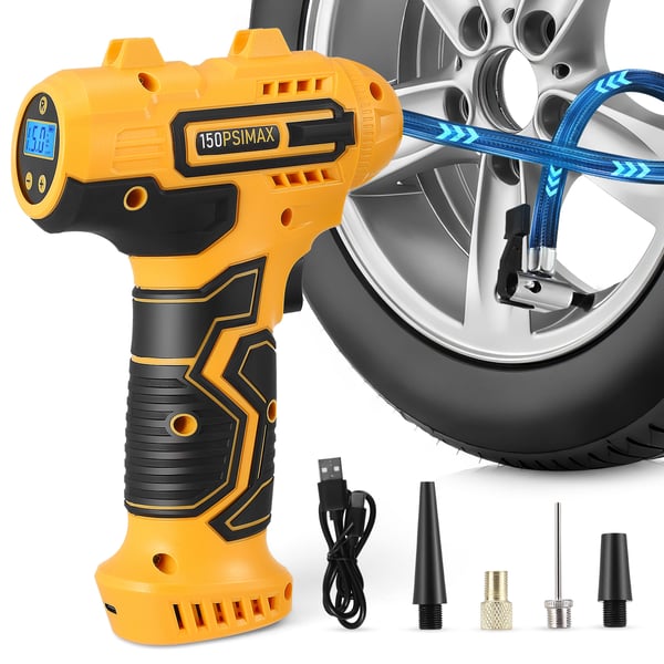 Kannettava ilmakompressori - Langaton rengaspumppu autolle ja moottoripyörälle - 150 PSI - 2 Akkua - 4 Suutinta - DC - Keltainen