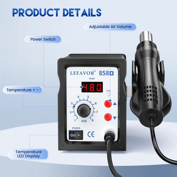 Varmluft loddestation - Rework-station til SMD - 220 V - CE-certificeret - Til BGA/SMD-reparation - Sort