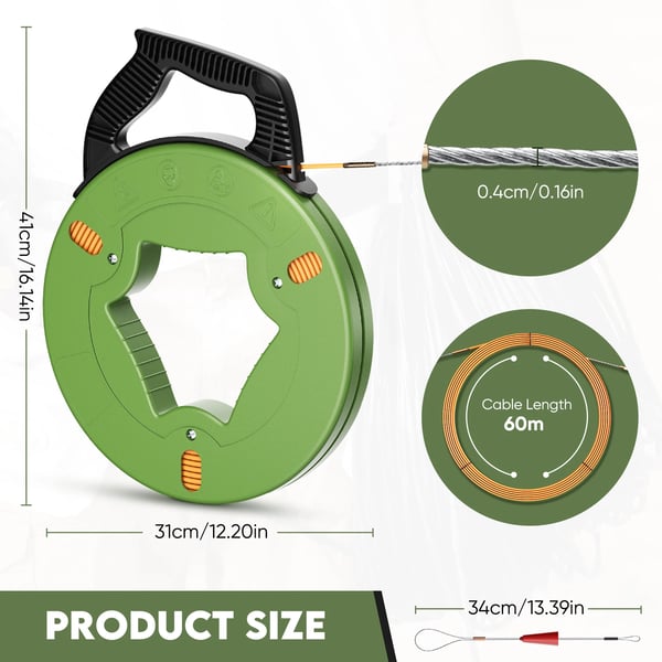 Kabelindtræksbånd - Guide Spring Cable - 60 m - Med styrefjeder - Forbedret returfjeder - Slagfast kabel - Til tomrør - 1600 g - Grøn