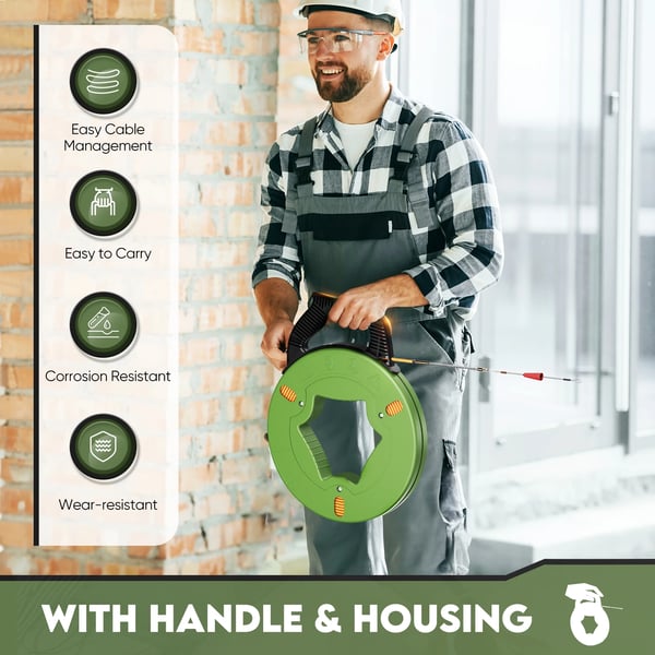Kabelindtræksbånd - Guide Spring Cable - 60 m - Med styrefjeder - Forbedret returfjeder - Slagfast kabel - Til tomrør - 1600 g - Grøn