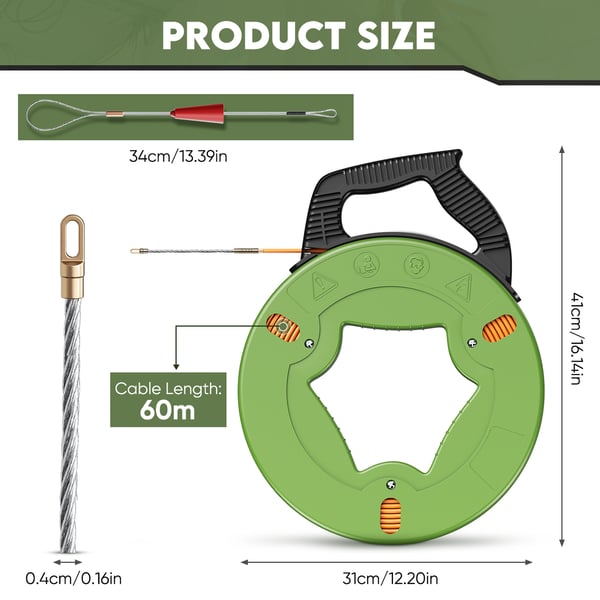 Kabelindtræksbånd - Guide Spring Cable - 60 m - Med styrefjeder - Forbedret returfjeder - Slagfast kabel - Til tomrør - 1600 g - Grøn