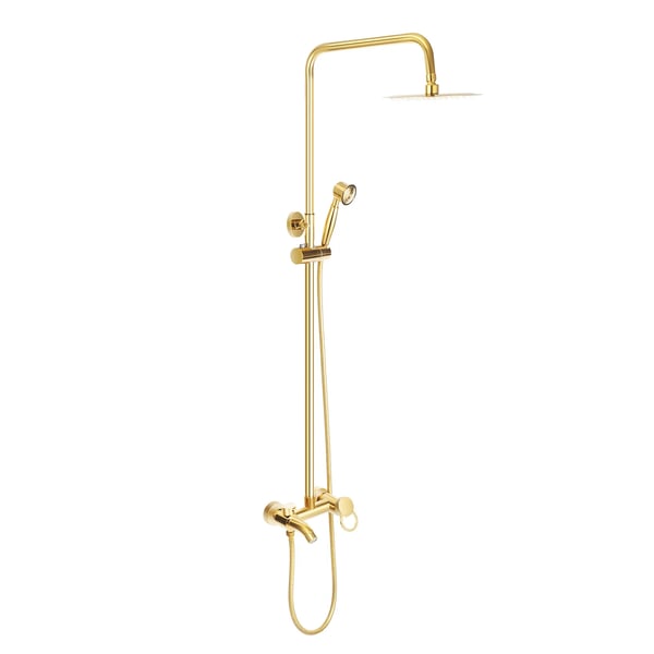 Brusesystem - Vægmonteret sæt - Højde 80–117 cm justerbar - Brusehoved Ø 20 cm - Håndbruser 360° - Messing - Poleret overflade - Guld