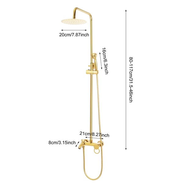 Brusesystem - Vægmonteret sæt - Højde 80–117 cm justerbar - Brusehoved Ø 20 cm - Håndbruser 360° - Messing - Poleret overflade - Guld