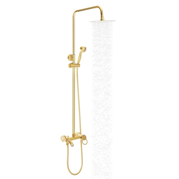Brusesystem - Vægmonteret sæt - Højde 80–117 cm justerbar - Brusehoved Ø 20 cm - Håndbruser 360° - Messing - Poleret overflade - Guld