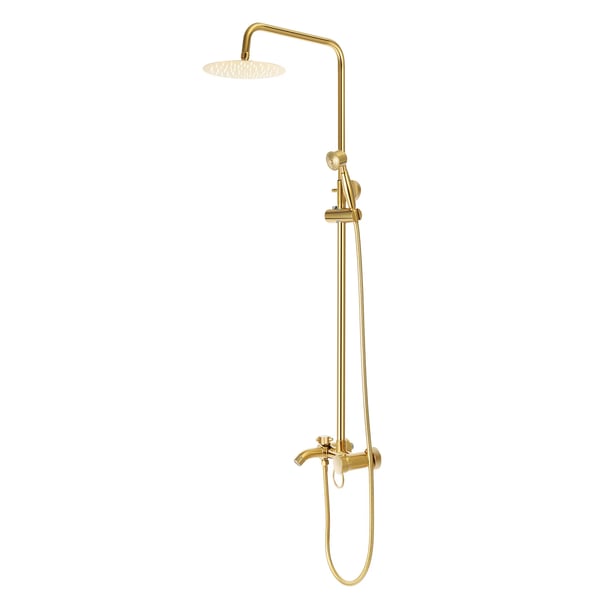 Brusesystem - Vægmonteret sæt - Højde 80–117 cm justerbar - Brusehoved Ø 20 cm - Håndbruser 360° - Messing - Poleret overflade - Guld