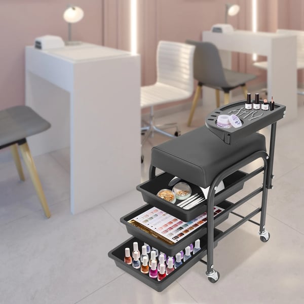 Pedicure fodstøtte-stativ - Salonvogn - Med hjul - Fritstående - Til pedicure & manicure - Til skønhedssalon - Sort