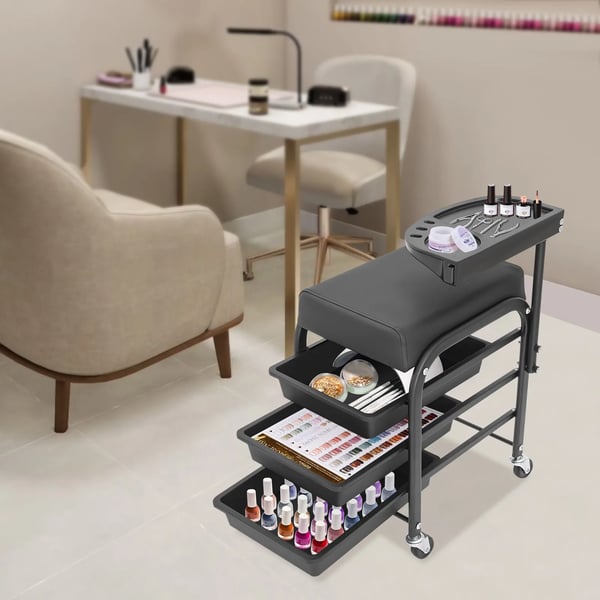 Pedicure fodstøtte-stativ - Salonvogn - Med hjul - Fritstående - Til pedicure & manicure - Til skønhedssalon - Sort