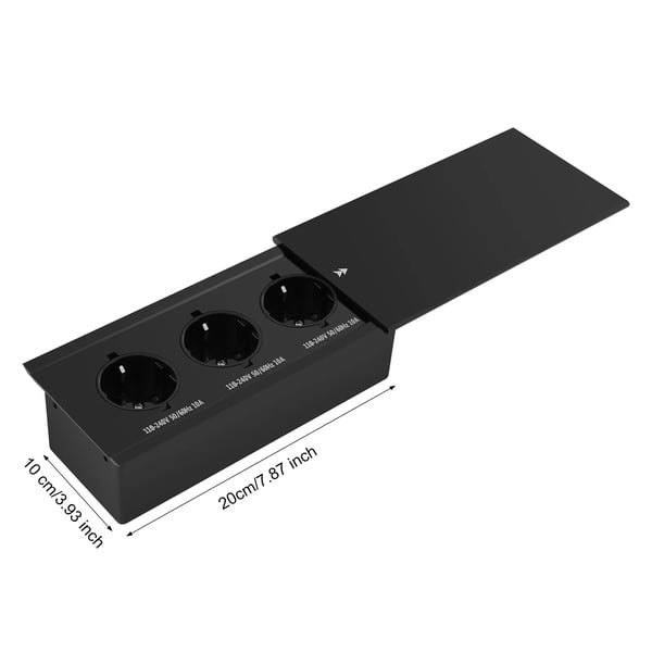 Upotettava pöytäpistorasia - Liukukansi - Useita pistorasioita 220 V - Koko 20×10 cm - Alumiiniseos - Musta
