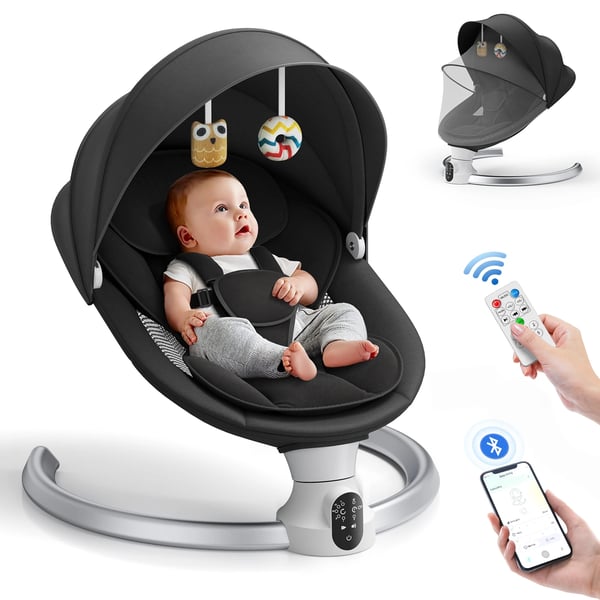 Bluetooth-vauvakeinu - Sähköinen keinutuoli - 5 Nopeutta - 3 Ajastusta - 10 Melodiaa - 5-Pistevaljaat - 10 kg Enimmäiskuorma - 0–18 kk - Valkoinen