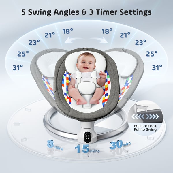 Babygynge med Bluetooth - Elektrisk babyskråstol - 5-punkts sele - 5 hastigheder - 3 timere - 10 melodier - 0–18 mdr - 10 kg - Grøn