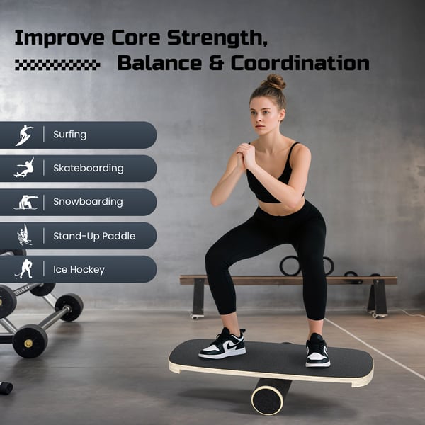 Balancebræt Balance Board - Skateboardform Surftræner - 72,5×28×3,5 cm - Balancetræning til ben - Bøjet Træ - Sort