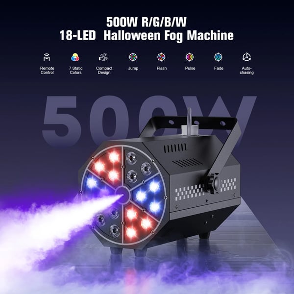 Tågemaskine - Mini 500W 18 LED - Trådløs Fjernbetjening - Rækkevidde 10–15 m - Tank 300 ml ca. 80 min - DMX Scene/DJ - Varmt Lys