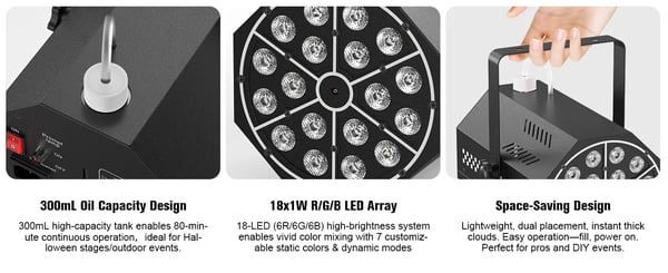 Tågemaskine - Mini 500W 18 LED - Trådløs Fjernbetjening - Rækkevidde 10–15 m - Tank 300 ml ca. 80 min - DMX Scene/DJ - Varmt Lys