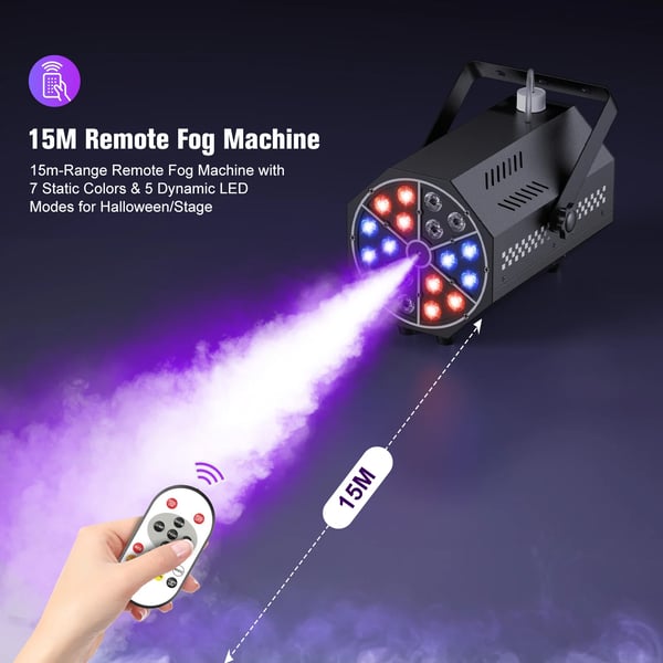 Tågemaskine - Mini 500W 18 LED - Trådløs Fjernbetjening - Rækkevidde 10–15 m - Tank 300 ml ca. 80 min - DMX Scene/DJ - Varmt Lys
