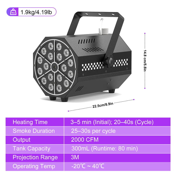 Tågemaskine - Mini 500W 18 LED - Trådløs Fjernbetjening - Rækkevidde 10–15 m - Tank 300 ml ca. 80 min - DMX Scene/DJ - Varmt Lys
