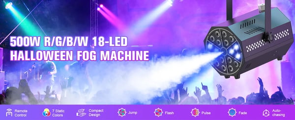 Tågemaskine - Mini 500W 18 LED - Trådløs Fjernbetjening - Rækkevidde 10–15 m - Tank 300 ml ca. 80 min - DMX Scene/DJ - Varmt Lys
