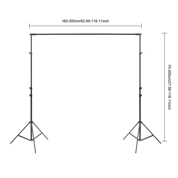 Baggrundsstativ til foto - 3x3 m baggrundssystem - Justerbar bredde 160–300 cm - Højde 75–300 cm - Fritstående trebenet stativ - Bærbar