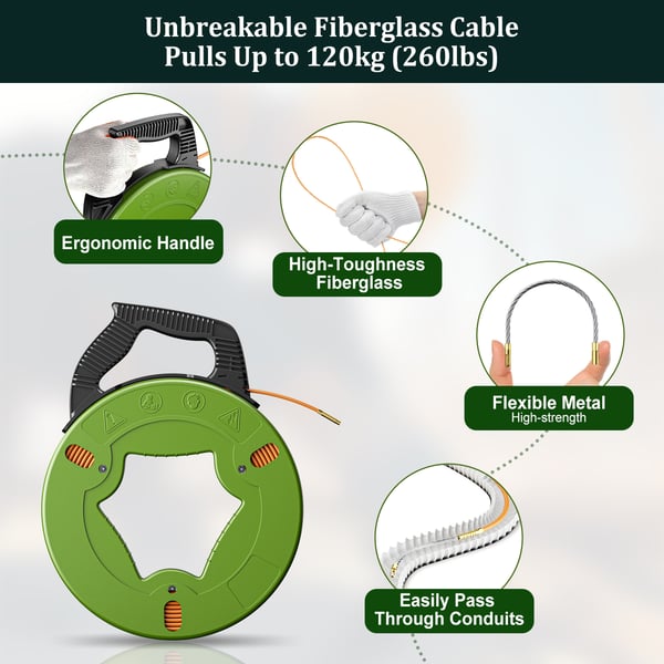 Glasfiber kabeltrækfjeder - Fiske-/trækbånd 4,5 mm 50 m - Til rør og kabelkanaler - På rulle med stel - Hurtig kabeltræk - Grøn